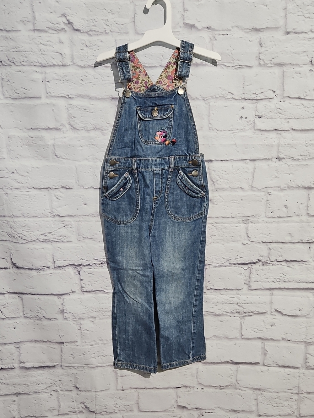 Girls Blue Denim Floral Embroidered Overalls